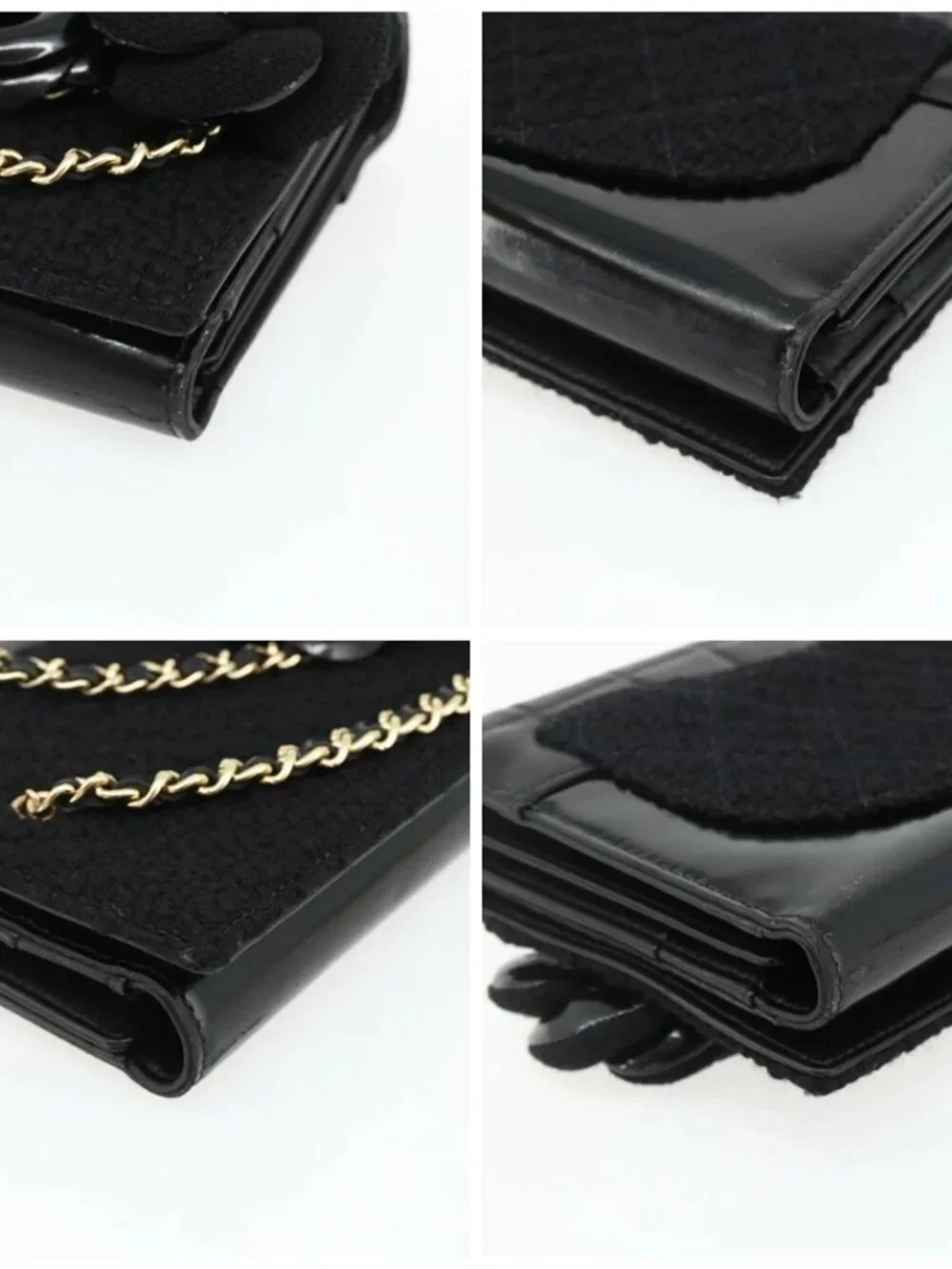 CHANEL Choco Bar Camelia Clutch Bag Lamb Skin Black Gold CC Auth 177325A